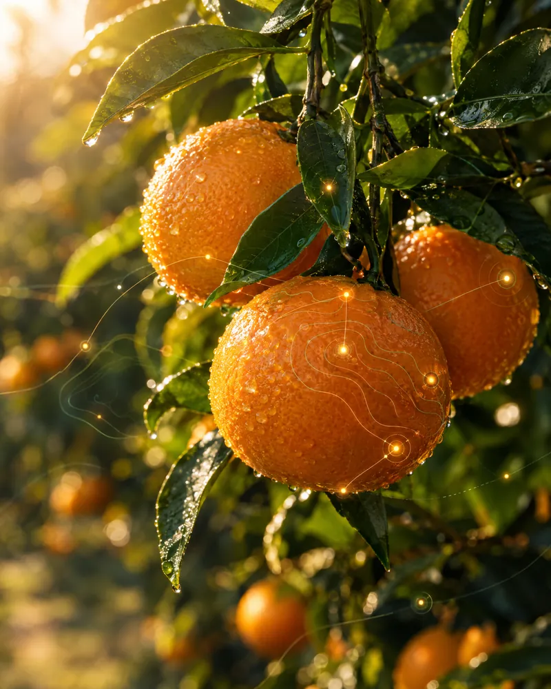 Mandarin orchard rows rendered as a data overlay — regional yield read as signal